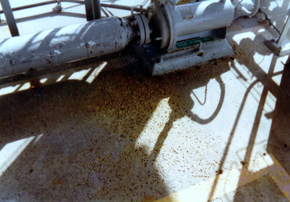 Oxidizer pump residue on the pad deck: the kind of finding a PV/S inspection records.